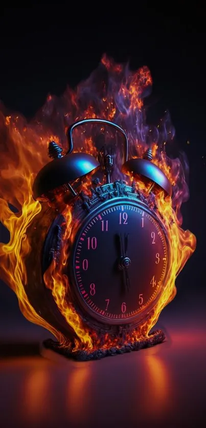 A classic alarm clock engulfed in artistic flames, creating a fiery and dynamic visual.