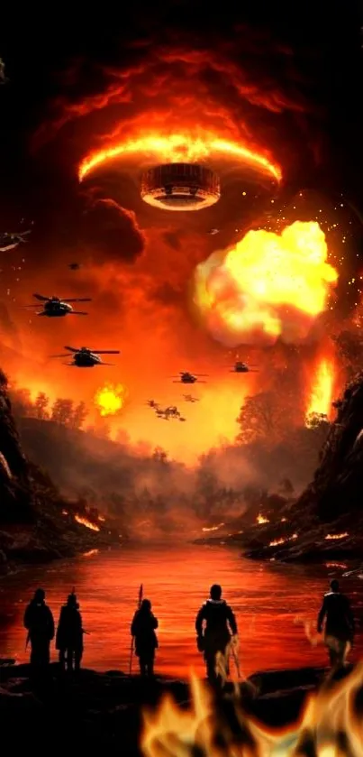 Alien spaceship with red-orange flames and helicopters in a night scene.