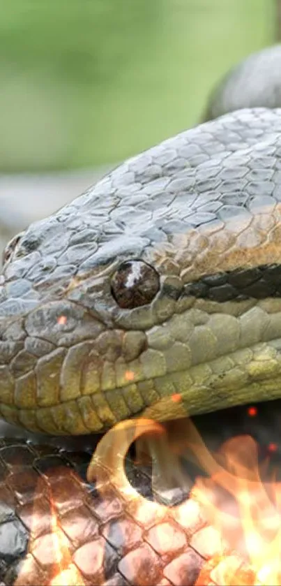 Close-up of a snake with flames in the background, ideal for mobile wallpaper.