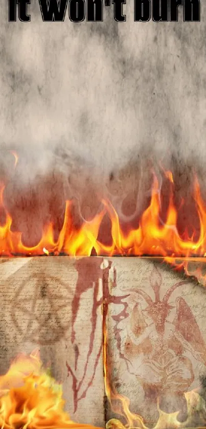 Ancient book engulfed in vibrant flames with mysterious symbols.