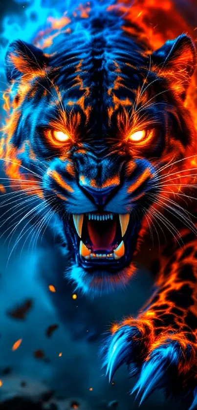 Dynamic leopard with fire and blue hues.