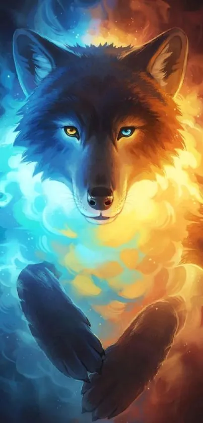 Fiery and icy wolf artwork with vibrant colors.