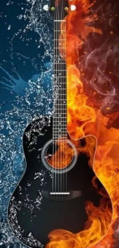 Guitar amidst dynamic fire and ice elements, creating a striking visual.