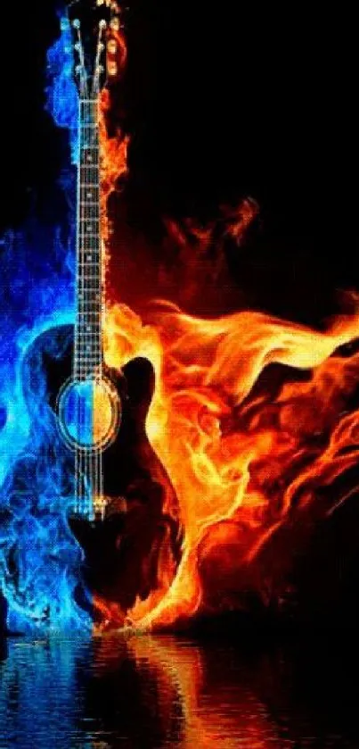 Guitar in fire and ice with a black background.