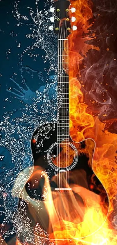 Guitar with fire and ice elements in a striking art composition.