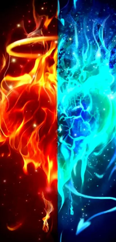 Abstract fiery blue and red dual design wallpaper.