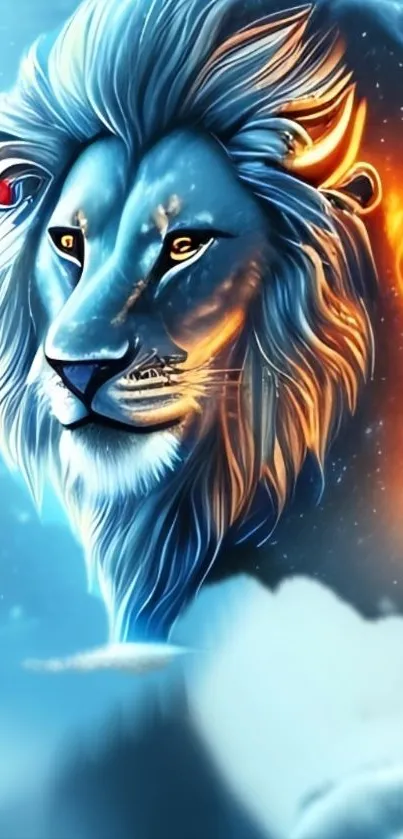 A dynamic illustration of a lion with fiery and icy colors.