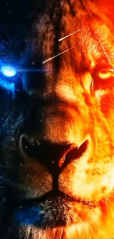 Lion with fiery and icy split face wallpaper.