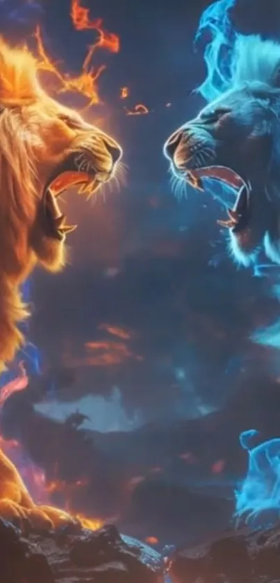 Fiery and icy lions in a dramatic clash.