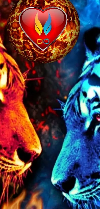 Fiery and icy tiger faceoff with vibrant colors.