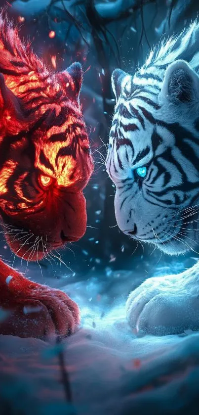 Fiery and icy tigers face off with intense stares.