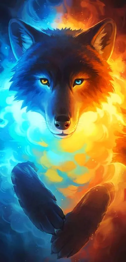 Mystical wolf with fiery and icy colors on mobile wallpaper.