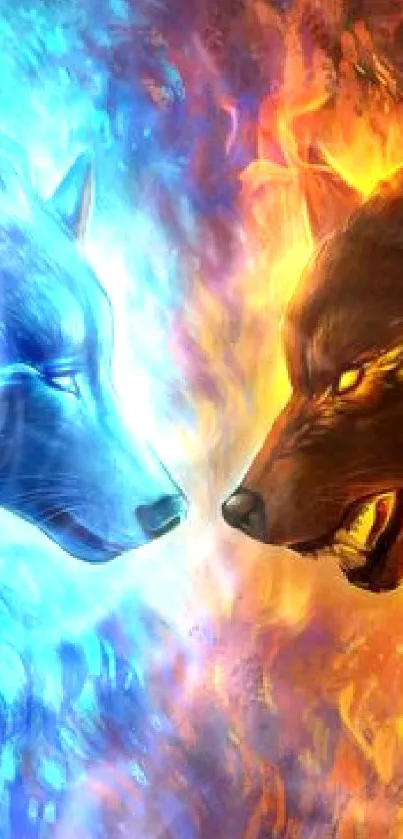 Colorful design featuring duel wolves of fire and ice.