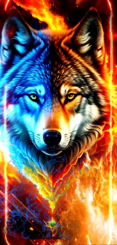 Fiery and icy wolf split mobile wallpaper with vibrant colors.