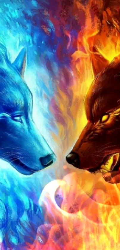 Vivid wallpaper of fire and ice wolves facing each other.