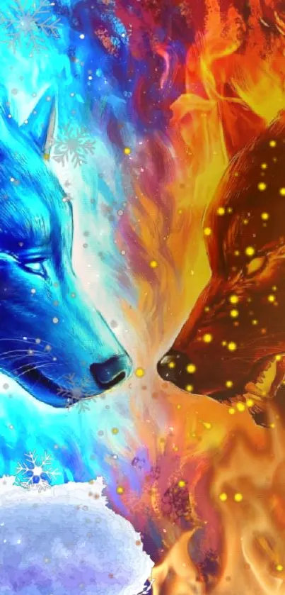 Fiery and icy wolves facing each other, showcasing contrast.