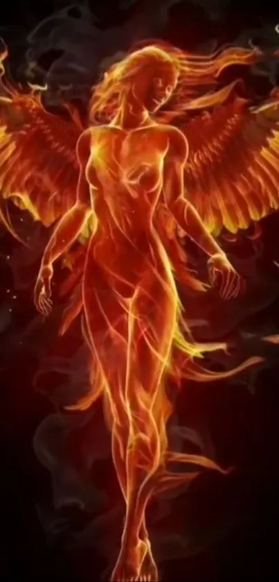 Fiery angel with vibrant wings and mystical aura.