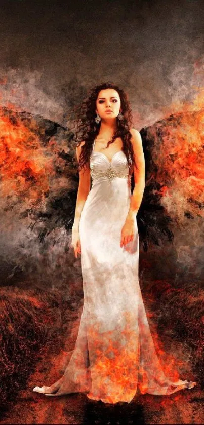 A fiery angel with flames and a surreal background.