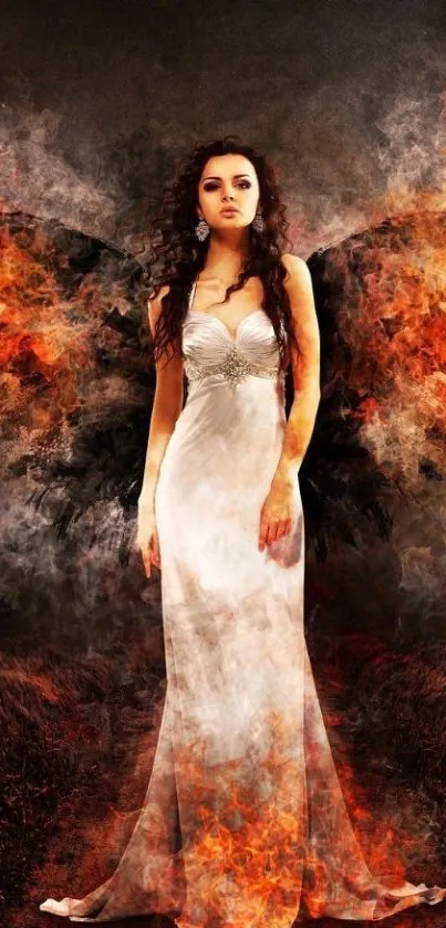 Fantasy angel with fiery wings and ethereal beauty.