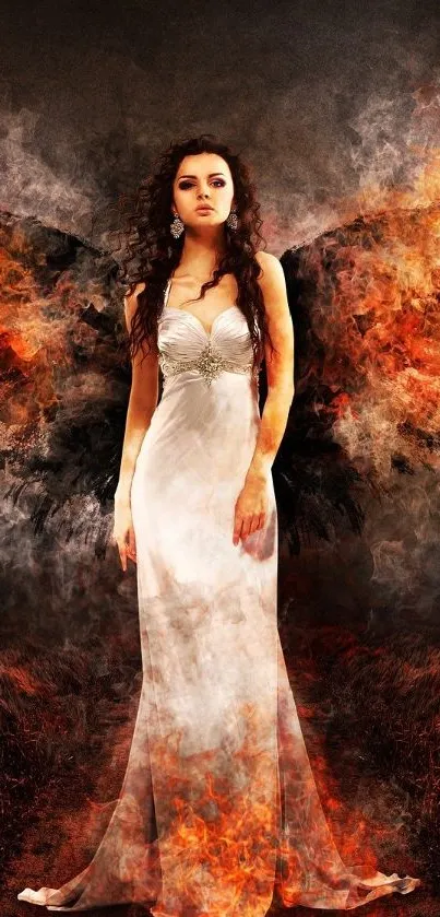 Fantasy art of a fiery angel with dark wings in a mystical setting.