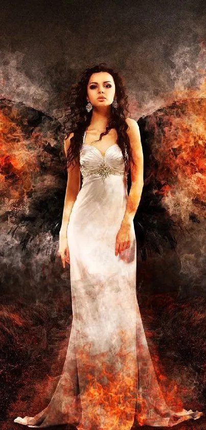 Fiery winged angel in a fantasy art setting on a dark background.