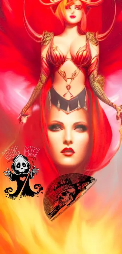 Mystical fantasy angel illustration with fiery colors and intricate design.