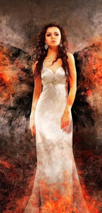 Fantasy angel with fiery wings and a white gown in a dark, mystical setting.