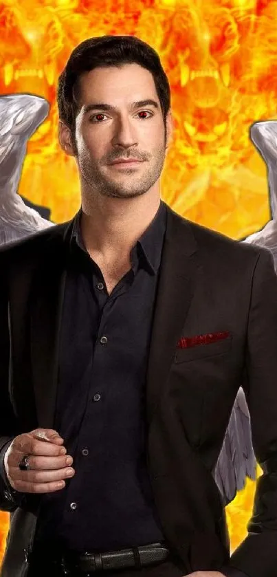 Man with angel wings on fiery background.