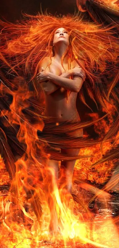 Fiery angel with burning wings on a dark background.