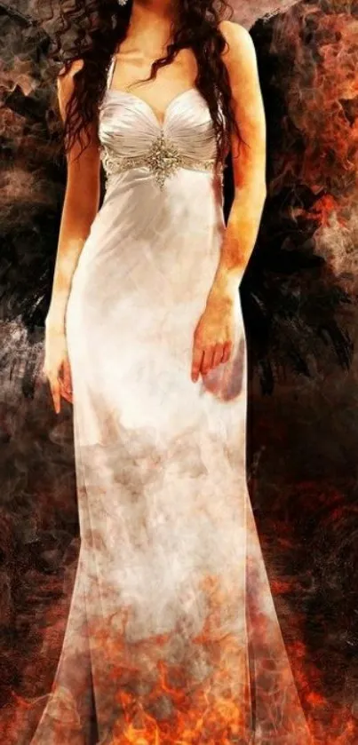 Fiery angel in elegant white dress with dramatic flames background.