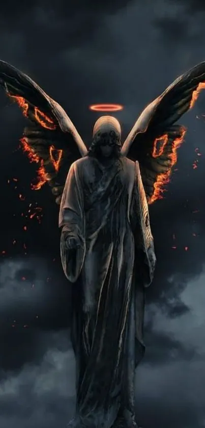 Dark angel statue with fiery wings