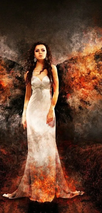 Fiery angelic figure in a flowing white dress with dramatic fiery wings.