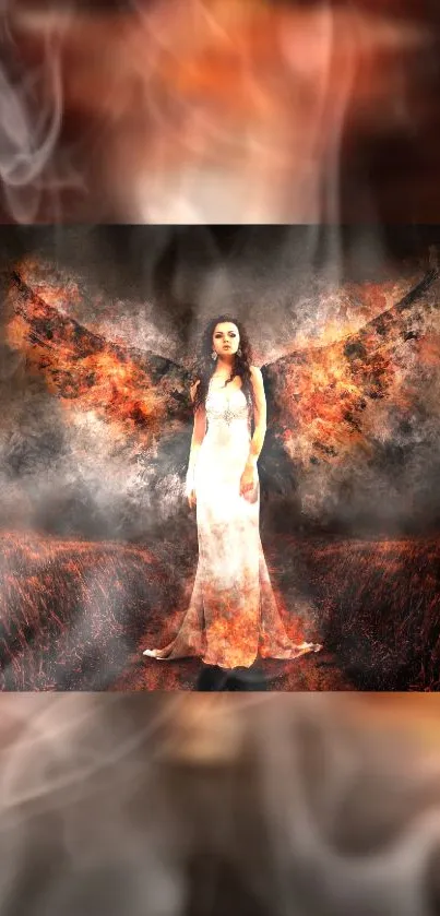 Mobile wallpaper featuring a fiery angel with flaming wings in a mystical scene.