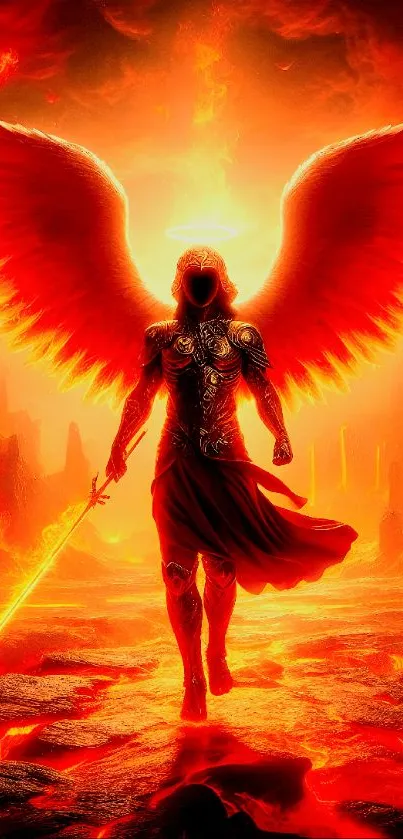 Fiery angel warrior with wings and sword, bathed in orange glow.