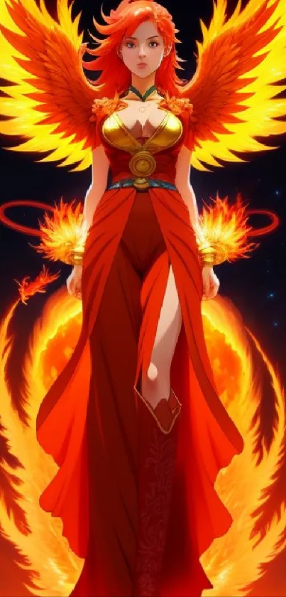 Fiery angel warrior with vibrant orange wings on a mobile wallpaper background.