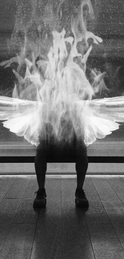 Abstract winged figure in black and white ambiance.