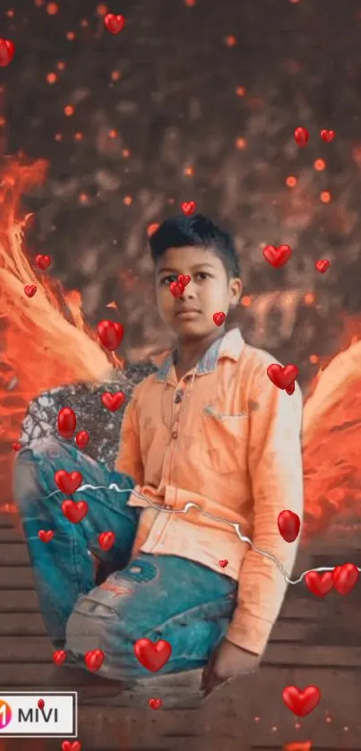 Person with fiery orange wings and floating red hearts in artistic wallpaper.