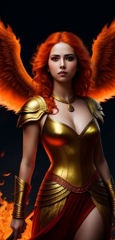 A fiery angel with orange wings and dramatic flames in a captivating mobile wallpaper.