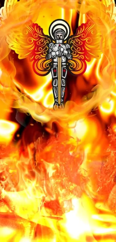 Mobile wallpaper featuring an angelic figure in fiery armor surrounded by vibrant flames.