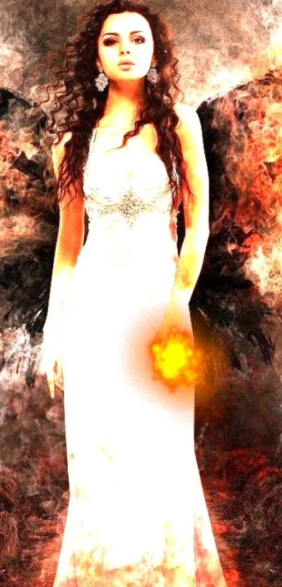 Mystical woman with fiery wings in fantasy wallpaper.