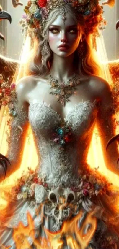 Fantasy art wallpaper with a fiery angelic figure.