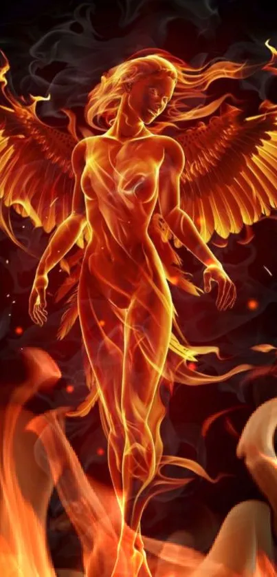 Fiery angel figure with wings in vibrant flames, perfect fantasy art wallpaper.