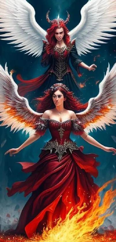 Fantasy artwork with fiery red angels and majestic wings.