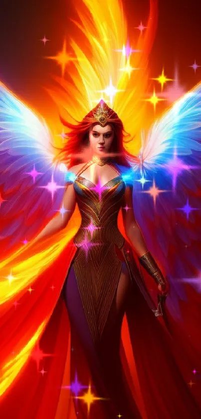 Fiery angelic fantasy wallpaper with radiant wings and vibrant colors.