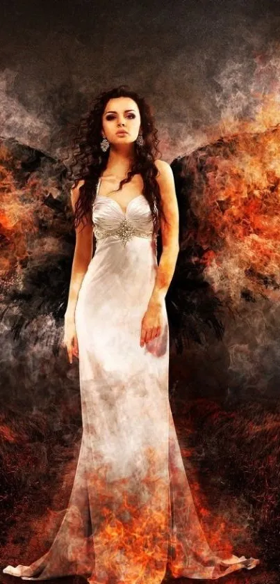 Angelic figure with fiery wings in elegant gown mobile wallpaper.