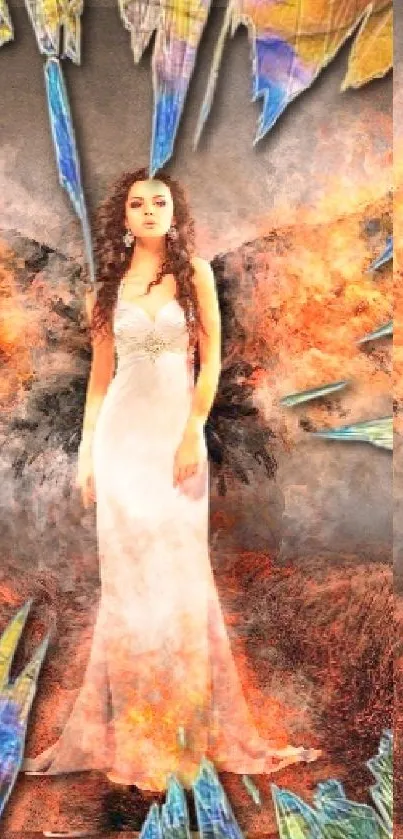 Mobile wallpaper featuring an angel with fiery wings in a surreal landscape.