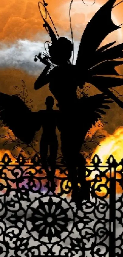 Silhouette of angelic figure with wings against fiery cloud backdrop.