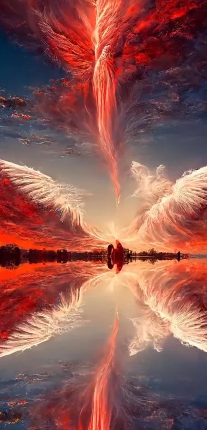 Fiery sky with angelic wings reflecting on water.