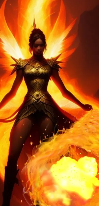 Mobile wallpaper featuring a fiery angelic warrior with flaming wings.