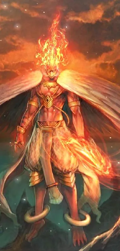 Fiery winged warrior with flaming head in dramatic sky.